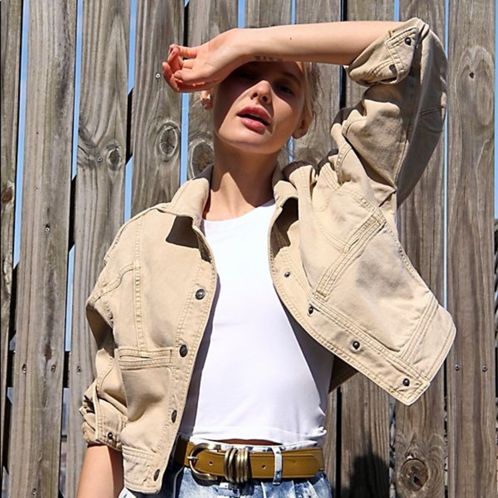 Free People Star Crossed Boxy Denim Jacket in Tan